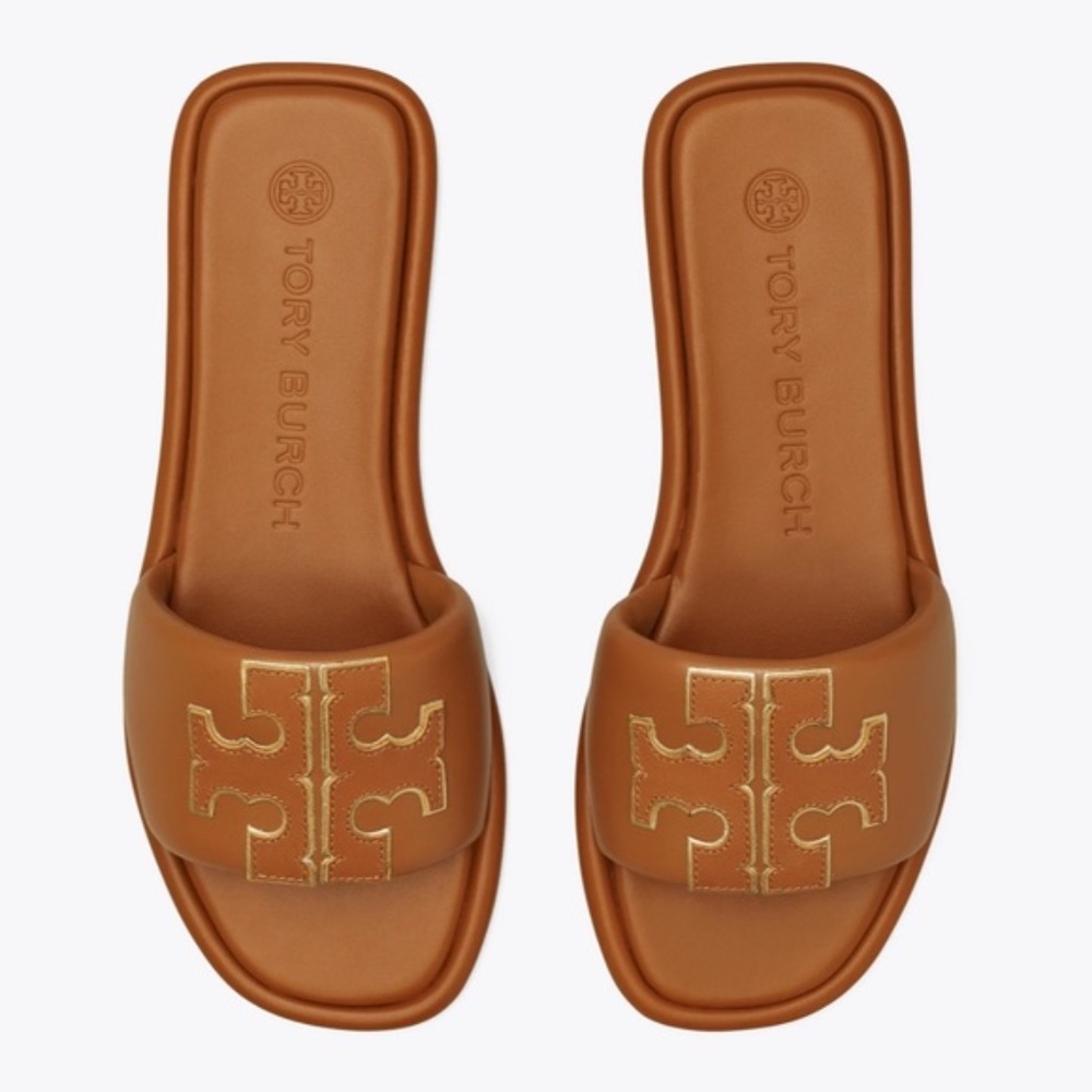 Size 8 Tory Burch Double T Sport Slide Bourbon Miele Gold Leather Sandals